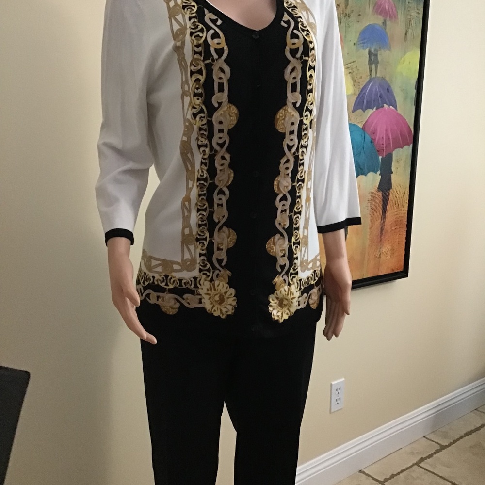 Boston Proper XL White/Black and Gold lightweight Cardigan NWOT